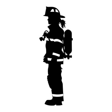 A bold silhouette of a female firefighter stands ready for action, showcasing strength and courage while equipped with essential firefighting tools.