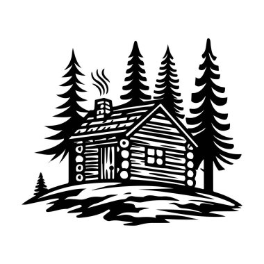 A charming wooden cabin surrounded by majestic pine trees, complete with a chimney emitting smoke, ideal for nature lovers and adventurers.