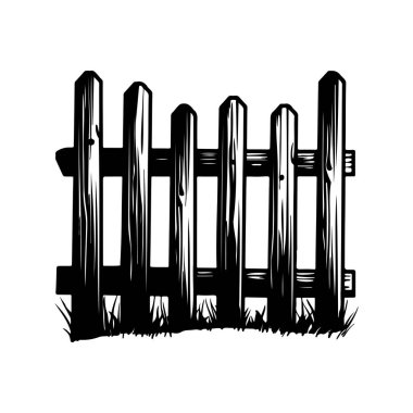 This black and white illustration showcases a rustic wooden fence, framed by grass, perfect for various design and decoration projects.