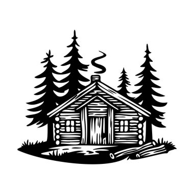 A charming wooden cabin nestled among towering pine trees, with gentle smoke rising from the chimney, creating a serene forest atmosphere.