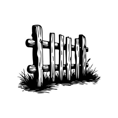 This black and white illustration depicts a rustic wooden fence surrounded by grass, perfect for nature-themed designs and decorations.
