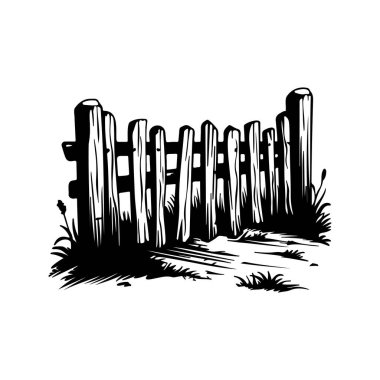 This detailed black and white illustration of a rustic wooden fence surrounded by tall grass captures the essence of rural tranquility and natural beauty.