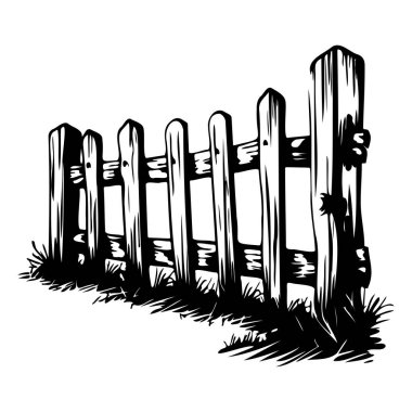 A detailed black and white illustration of a rustic wooden fence with grass accents, perfect for artistic projects and nature-themed designs.