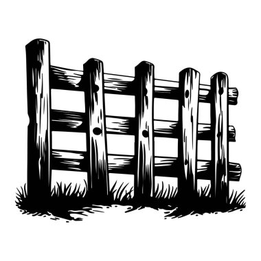 This black and white illustration showcases a rustic wooden fence, perfect for projects related to rural landscapes, gardens, or vintage themes.