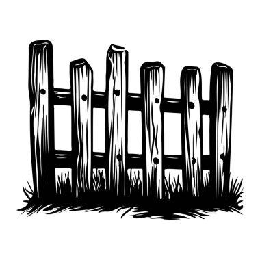 This black and white illustration features a rustic wooden fence with detailed texture and grass, ideal for decorative or artistic purposes.