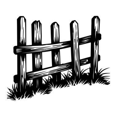 A charming illustration of a rustic wooden fence showcasing vertical slats, surrounded by grassy elements, perfect for design projects.