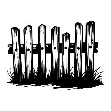 A black and white illustration of a vintage wooden fence, surrounded by grass, ideal for rustic themes, nature designs, and artistic projects.