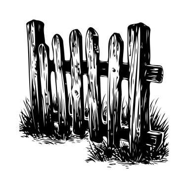 A detailed black and white illustration of a rustic wooden fence with surrounding grass, ideal for countryside and nature-themed projects.
