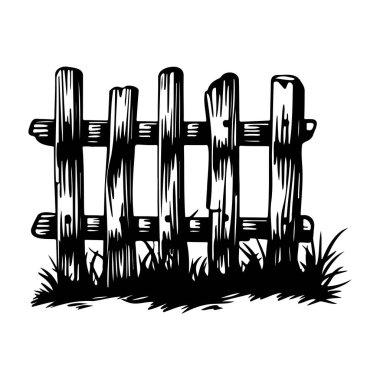 This black and white illustration features a vintage wooden fence with grass beneath, perfect for enhancing rustic farmhouse designs and themes.