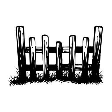 A captivating black and white illustration of a rustic wooden fence, featuring detailed textures and grass elements, perfect for rustic themes.