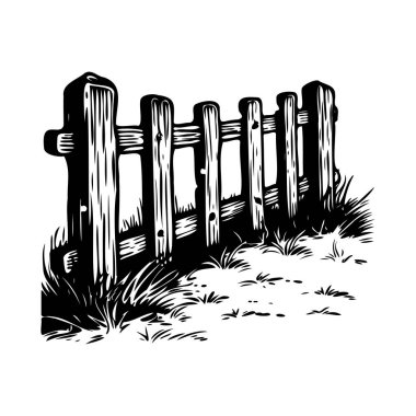 This artistic illustration shows a rustic wooden fence with intricate textures, surrounded by lush grass, embodying tranquility and nature's charm.