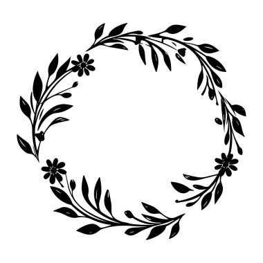 This elegant black silhouette of a circular floral arrangement features intricate leaves and flowers, perfect for various design projects and decor.