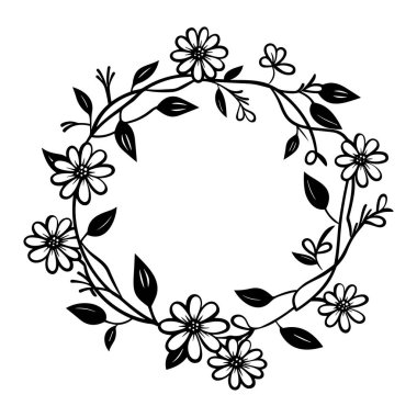 A stunning circular floral wreath design featuring intricate flowers and leaves. Ideal for creative projects, invites, and decorative uses.