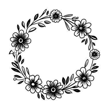 This elegant hand-drawn floral wreath design features intricate flowers and leaves, perfect for invitations, craft projects, or decor.