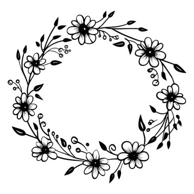 Hand-drawn floral wreath design featuring an arrangement of beautiful flowers, leaves, and berries, ideal for decorations and artistic projects.