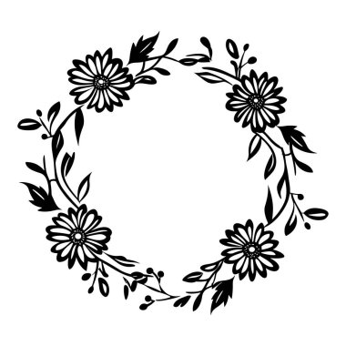 This elegant black floral wreath design showcases beautiful flowers and intricate foliage, perfect for invitations, art projects, and creative decoration.