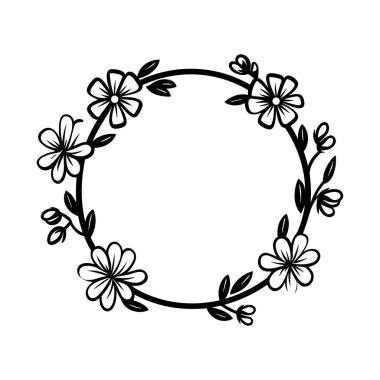 This elegant black and white floral frame features delicate flowers and leaves, ideal for invitations, greeting cards, and decorative projects.
