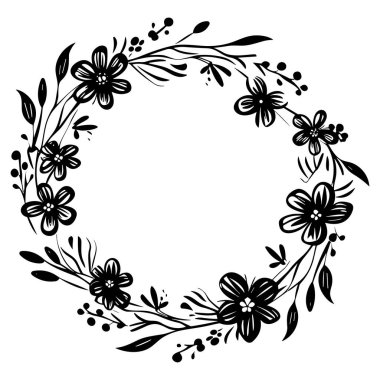 This elegant black floral wreath design features beautiful flowers and delicate leaves, perfect for invitations, art projects, or as a stylish background.