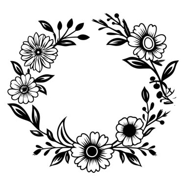 This elegant black and white floral wreath design features intricate details of flowers and leaves, ideal for crafts, invitations, or decor.