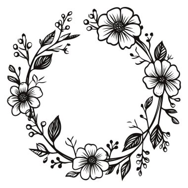 Hand-drawn floral wreath illustration featuring elegant flowers and leaves, ideal for various decorative projects and creative designs.