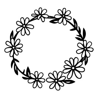 This black and white floral wreath features elegant daisy flowers and leafy accents, perfect for design projects, crafts, and decorations.