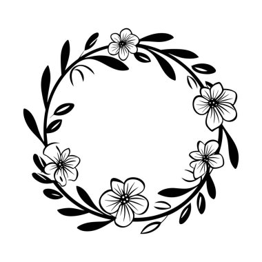 A beautiful hand-drawn wreath featuring delicate flowers and leaves, perfect for use in invitations, greeting cards, or decorative elements.