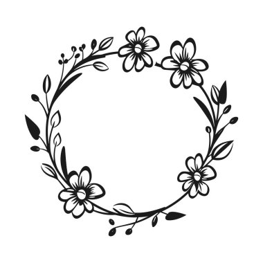 This elegant black floral wreath design features delicate flowers and leaves, perfect for wedding invitations, craft projects, or decor.