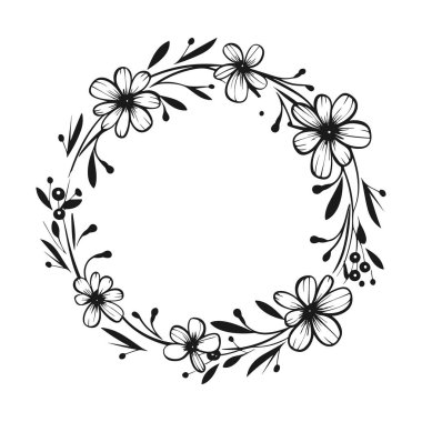 This elegant black and white floral wreath design features hand-drawn flowers and leaves, perfect for invitations and decorative elements.