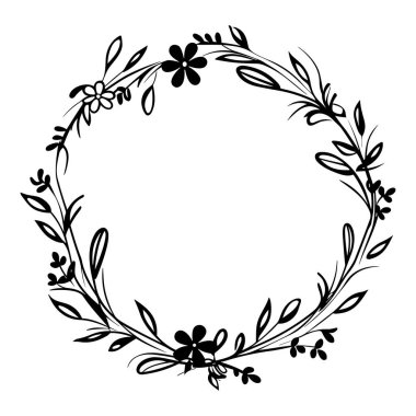Hand-drawn black floral wreath featuring a variety of leaves and flowers. Ideal for invitations, stationery, or decorative crafting projects.