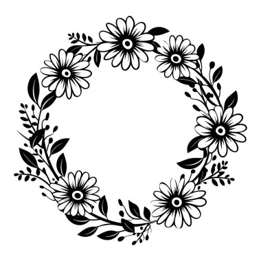 A beautifully crafted black and white floral wreath featuring an array of hand-drawn flowers and delicate leaves, perfect for decorative needs.