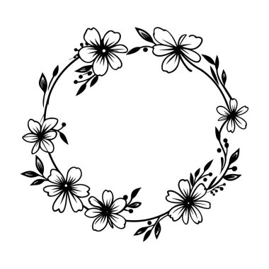 This elegant floral wreath design showcases hand-drawn flowers and leaves, perfect for decor and invitations, capturing a timeless natural beauty.