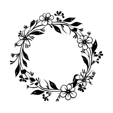 This black silhouette floral wreath features a variety of delicate flowers and leaves. Ideal for invitations, decorations, or creative projects.