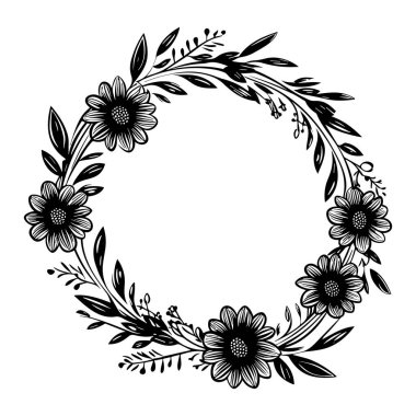 This beautiful black and white floral wreath features detailed flowers and leaves, making it ideal for invitations, decor, or artistic designs.