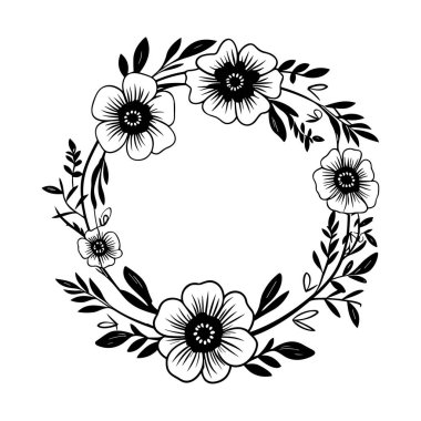 Elegant black and white floral wreath design featuring beautiful flowers and leaves, perfect for creative projects, decorations, and illustrations.