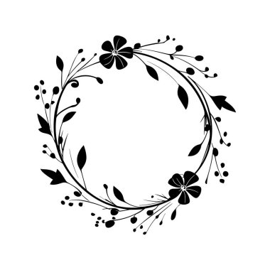 This elegant hand-drawn floral wreath showcases a delicate arrangement of flowers and leaves in a minimalist black and white design.