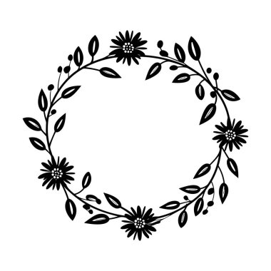 This elegant floral wreath design features delicate leaves and blossoms, perfect for invitations, greeting cards, or decorative projects.