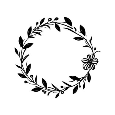 This artistic circular floral frame features elegant botanical elements and a delicate flower, making it ideal for invitations and decorative projects.