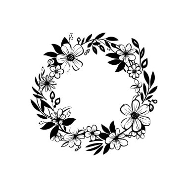 A stunning black and white floral wreath featuring an array of flowers and leaves, perfect for creative design projects and elegant decor.