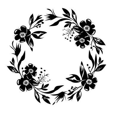 This elegant black silhouette floral wreath design features intricate leaves and blossoms, perfect for invitations, decor, and creative projects.