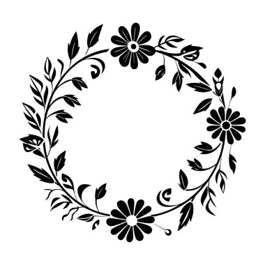 Elegant black floral wreath design with flowers and leaves, perfect for creative projects, decor, and seasonal decorations. Simple yet artistic.
