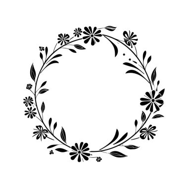This elegant black floral wreath design features intricate leaves and flowers, ideal for use in various creative projects and decor elements.