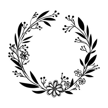 This elegant floral wreath design features intricate flowers and graceful leaves, perfect for use in crafts, invitations, and digital art.