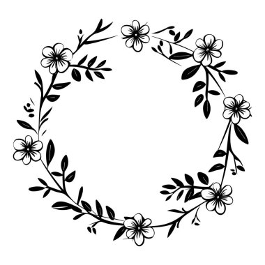A beautiful black and white floral wreath featuring detailed leaves and flowers, perfect for various creative projects and elegant designs.