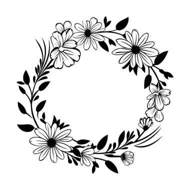 This elegant floral wreath design features intricate hand-drawn elements in black and white, suitable for various artistic projects and invitations.