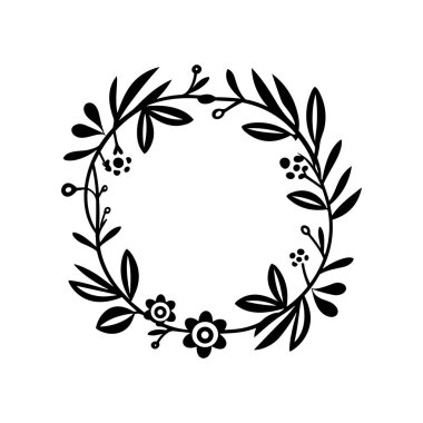 This elegant hand-drawn floral wreath features branches and flowers arranged in a circular form, ideal for invitations, stationery, or decor.