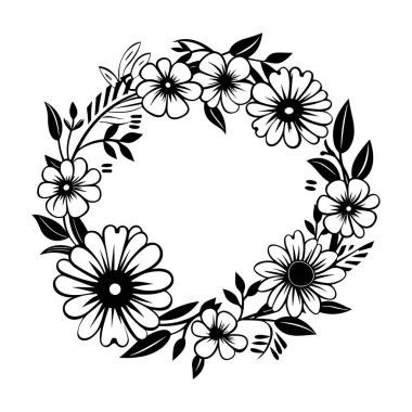A captivating black and white illustration of a floral wreath showcasing an array of flowers and leaves, perfect for decor and creative projects.