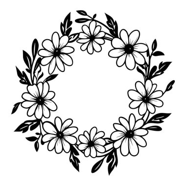 This elegant floral wreath design features simple black and white flowers adorned with delicate leaves, creating a charming and timeless decorative element.