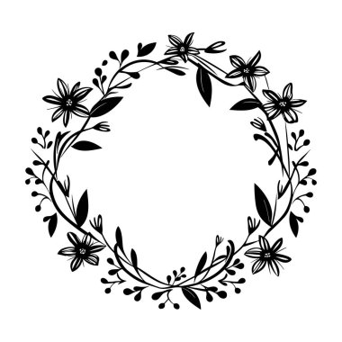 This elegant black and white floral wreath design features intricate flowers and leaves. Perfect for invitations, greeting cards, and decor projects.