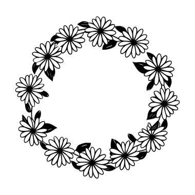 This elegant black and white floral wreath features beautiful blooming flowers arranged in a circular pattern, ideal for invitations or decorative use.