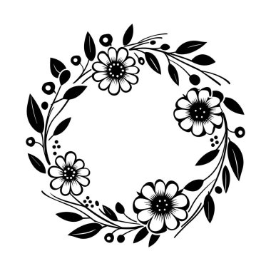 This elegant floral wreath design features detailed flowers, leaves, and berries in a black and white format, perfect for various creative projects.